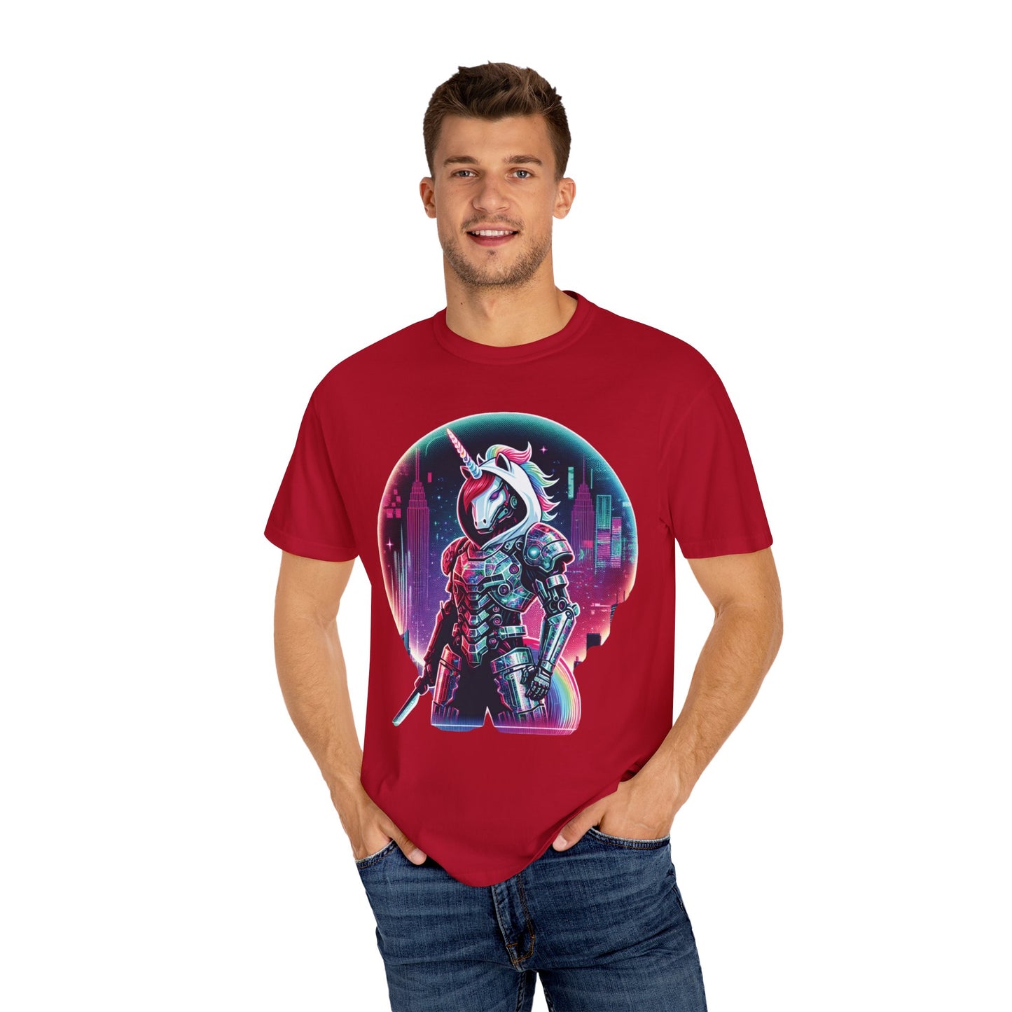 Cyber Unicorn Unisex Garment-Dyed T-Shirt | Retro Futuristic Design