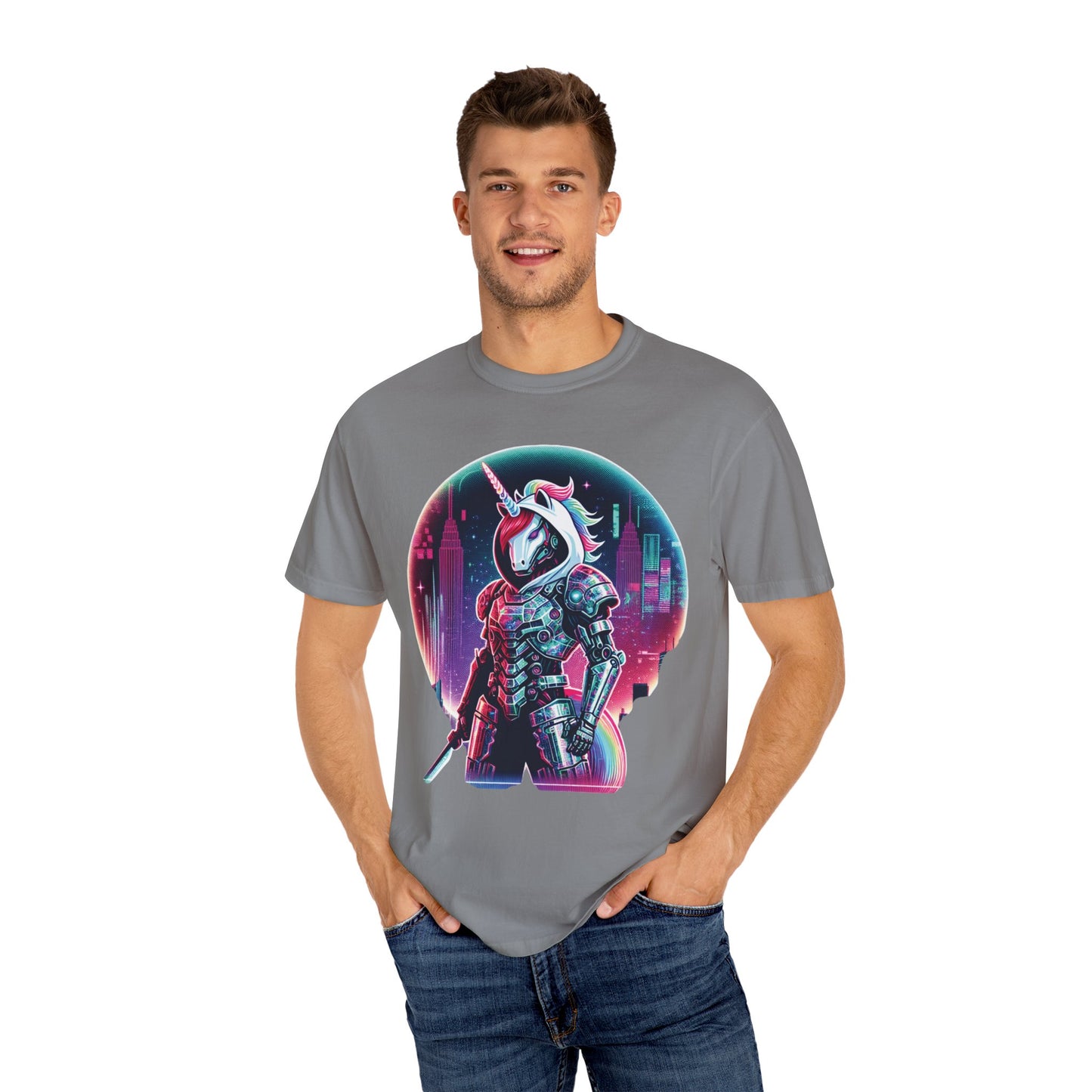 Cyber Unicorn Unisex Garment-Dyed T-Shirt | Retro Futuristic Design