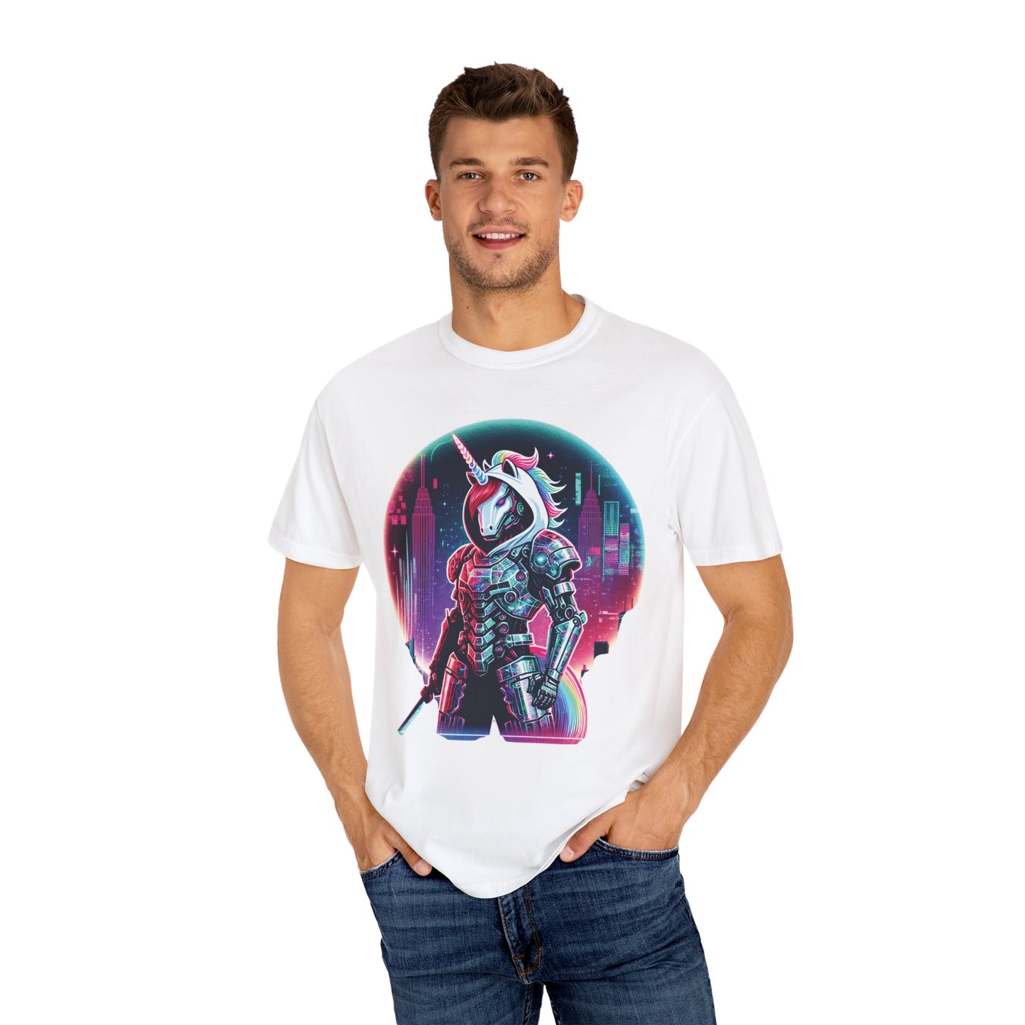 Cyber Unicorn Unisex Garment-Dyed T-Shirt | Retro Futuristic Design