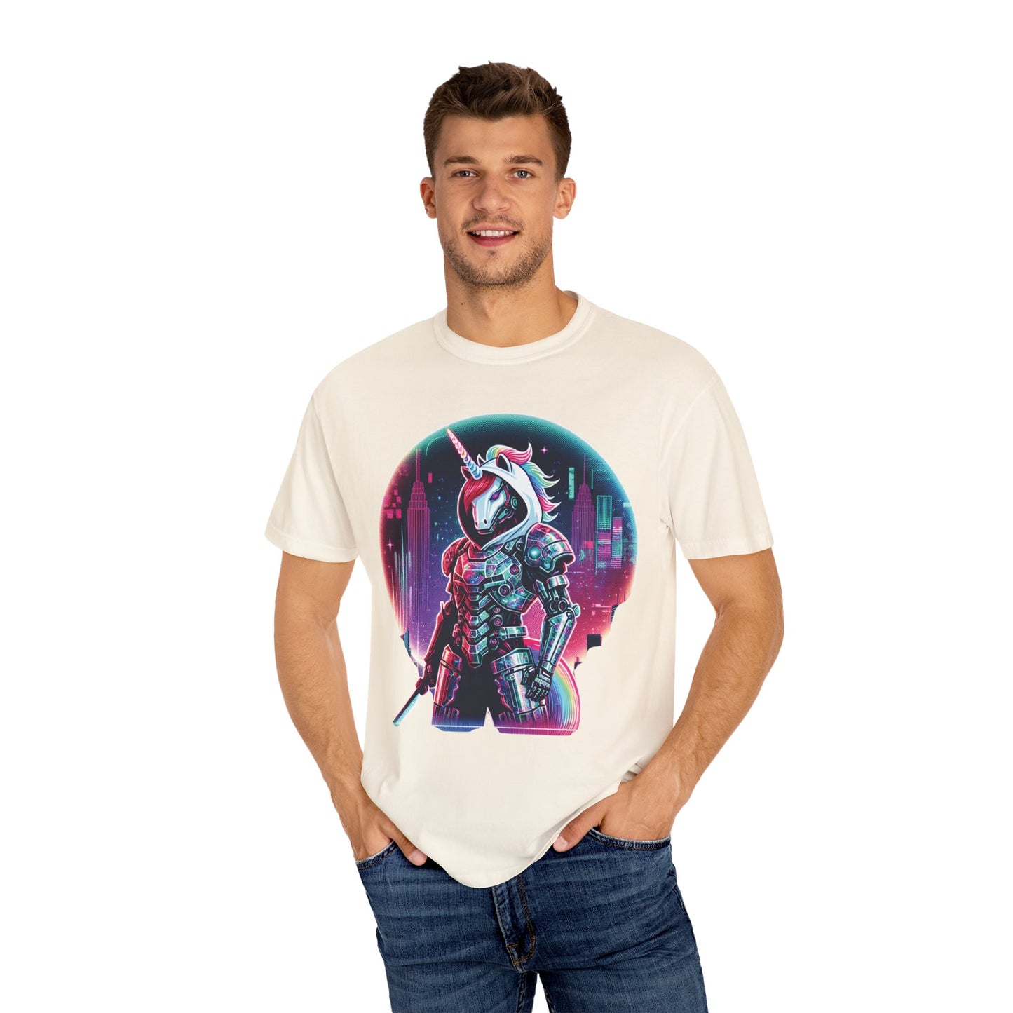 Cyber Unicorn Unisex Garment-Dyed T-Shirt | Retro Futuristic Design