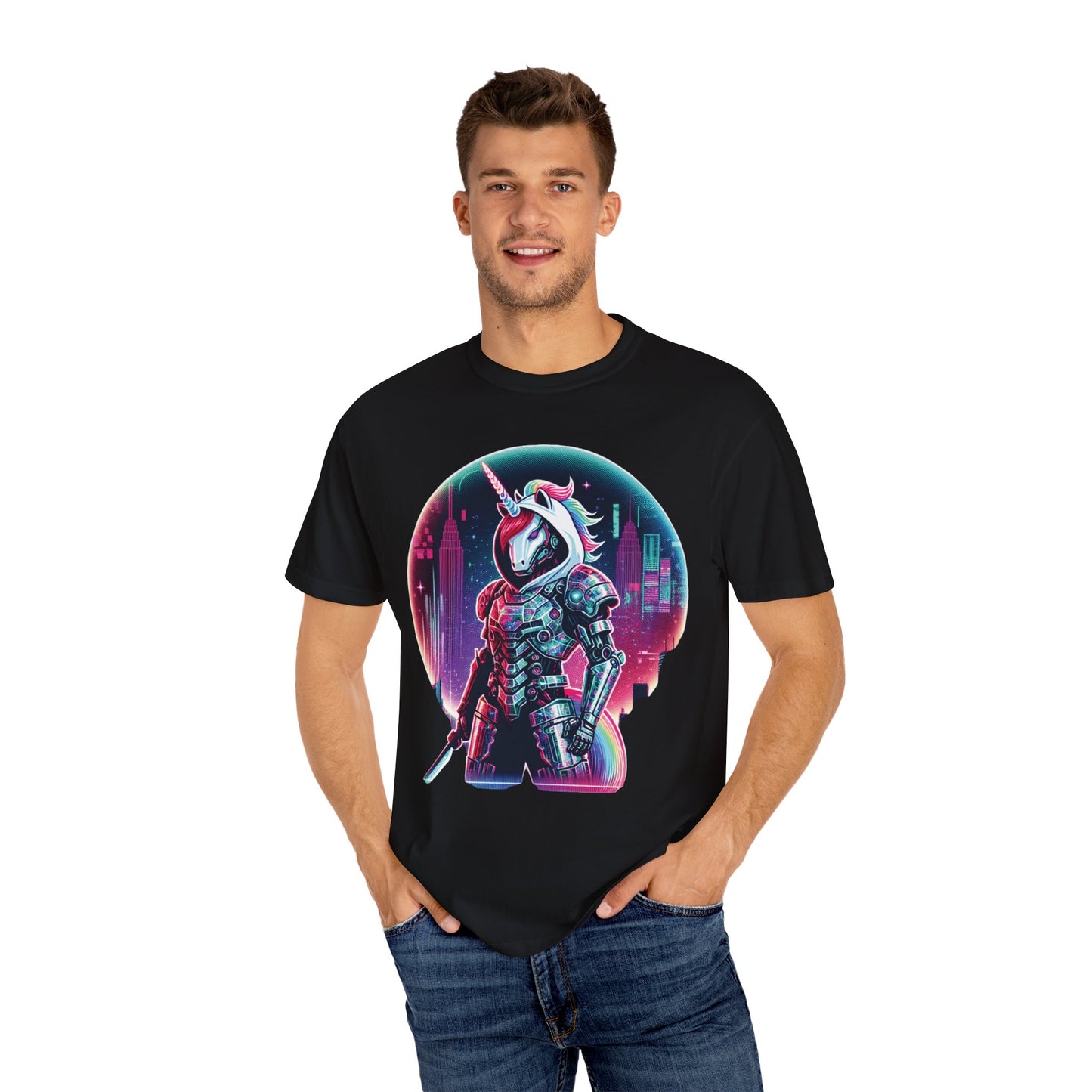 Cyber Unicorn Unisex Garment-Dyed T-Shirt | Retro Futuristic Design