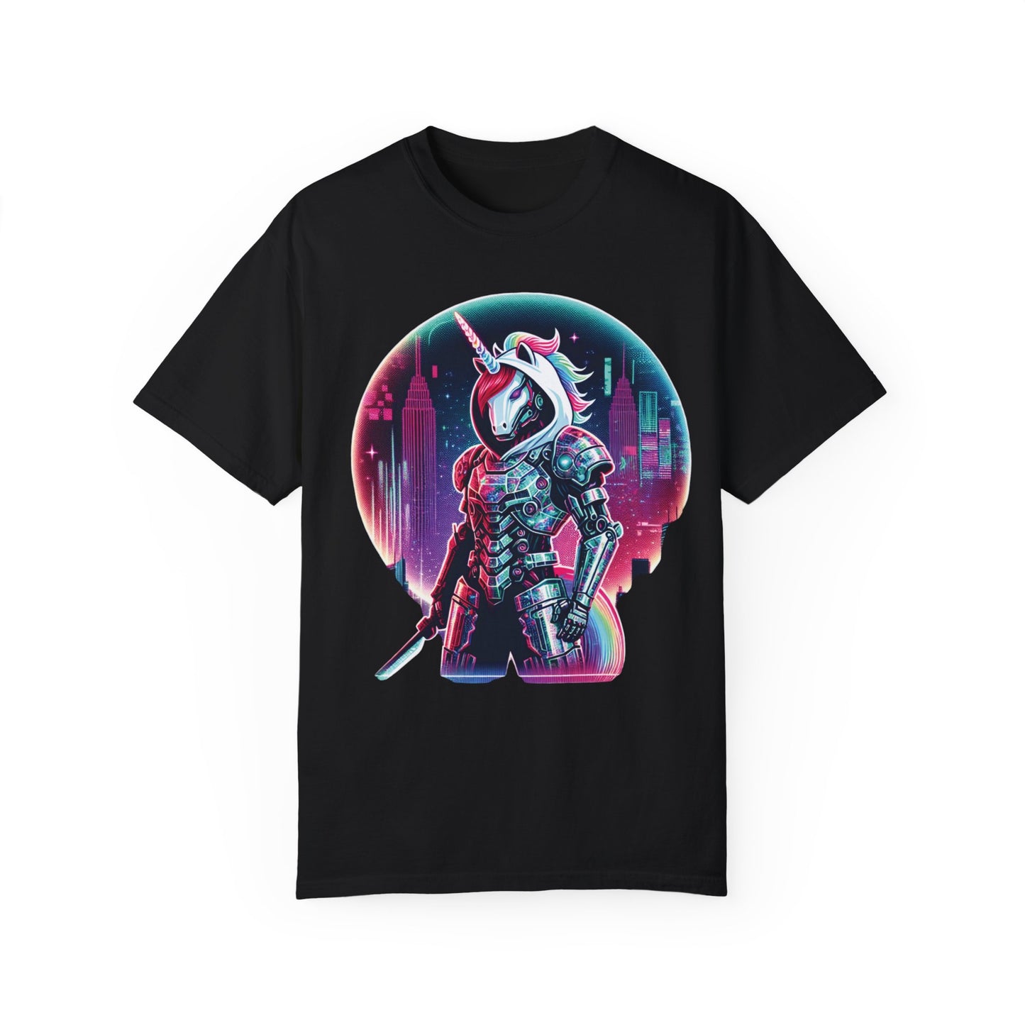 Cyber Unicorn Unisex Garment-Dyed T-Shirt | Retro Futuristic Design