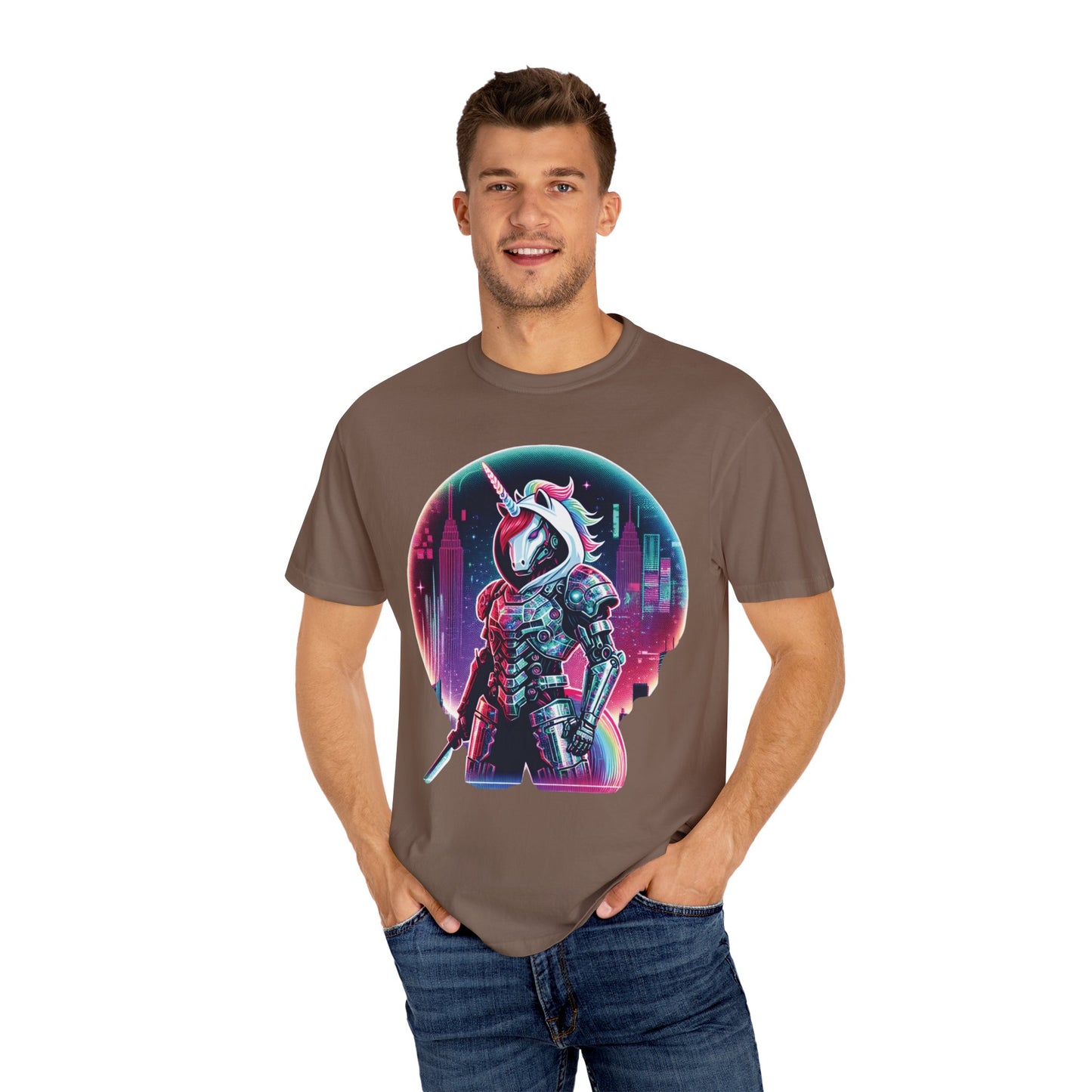 Cyber Unicorn Unisex Garment-Dyed T-Shirt | Retro Futuristic Design