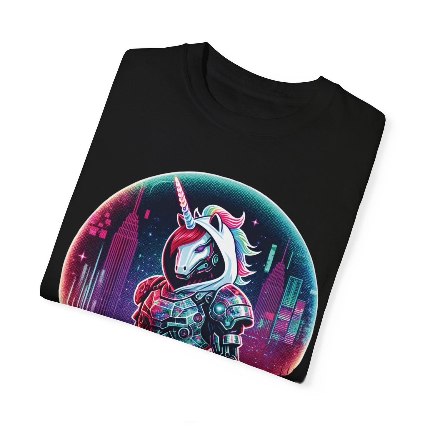 Cyber Unicorn Unisex Garment-Dyed T-Shirt | Retro Futuristic Design