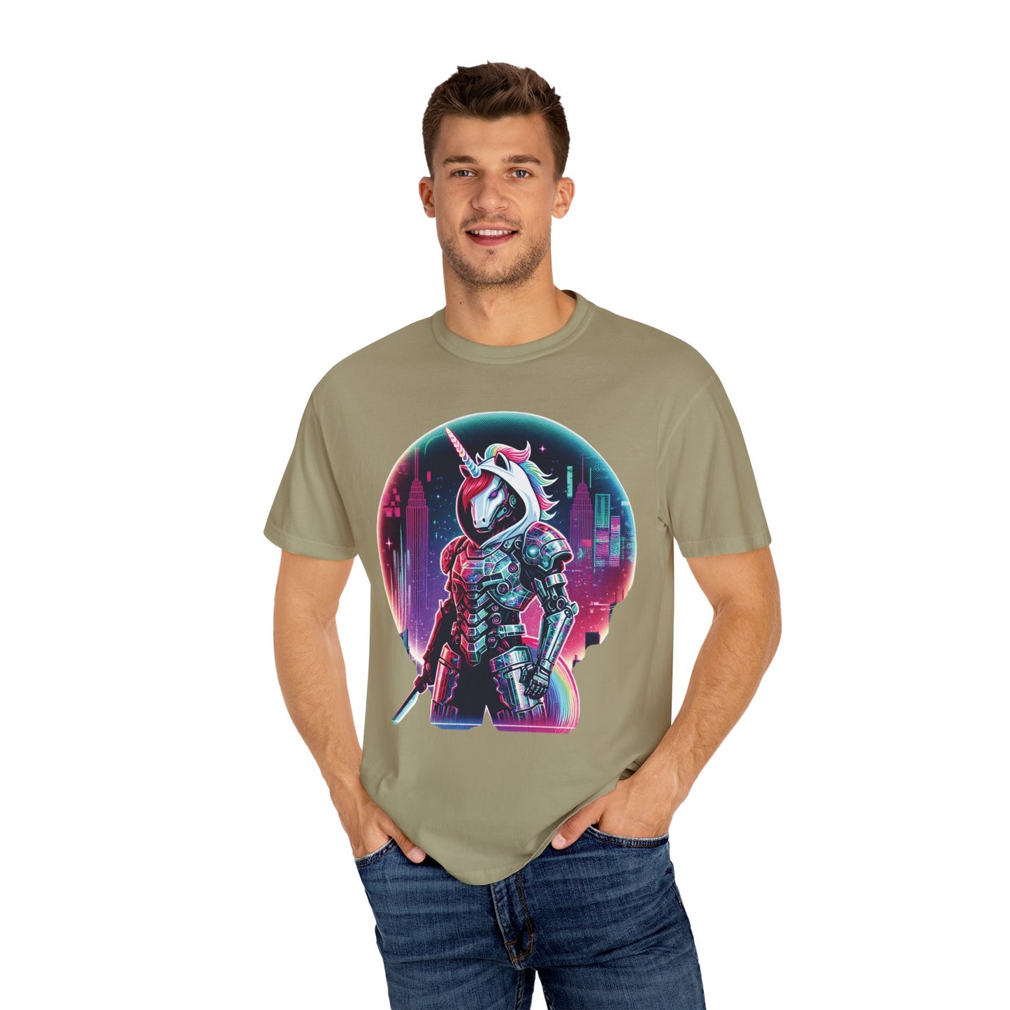 Cyber Unicorn Unisex Garment-Dyed T-Shirt | Retro Futuristic Design