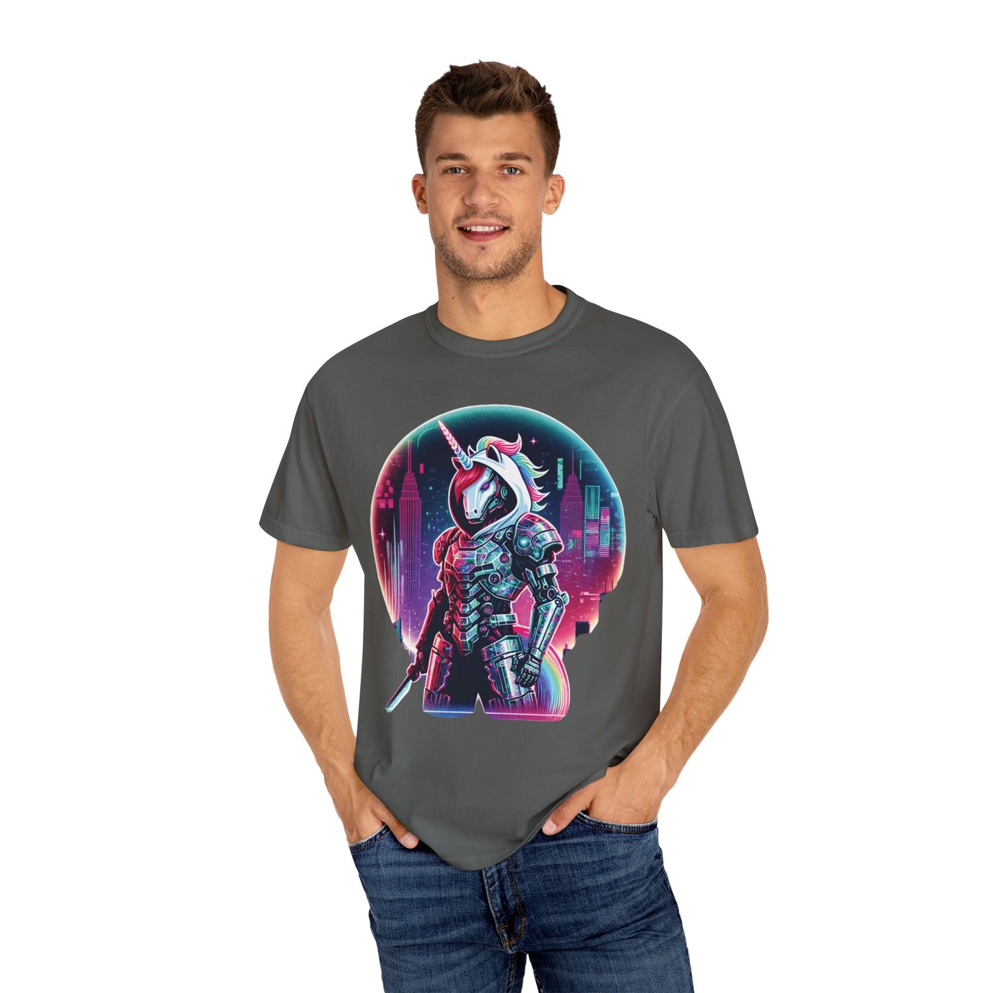 Cyber Unicorn Unisex Garment-Dyed T-Shirt | Retro Futuristic Design