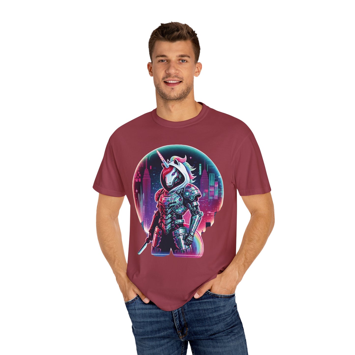 Cyber Unicorn Unisex Garment-Dyed T-Shirt | Retro Futuristic Design