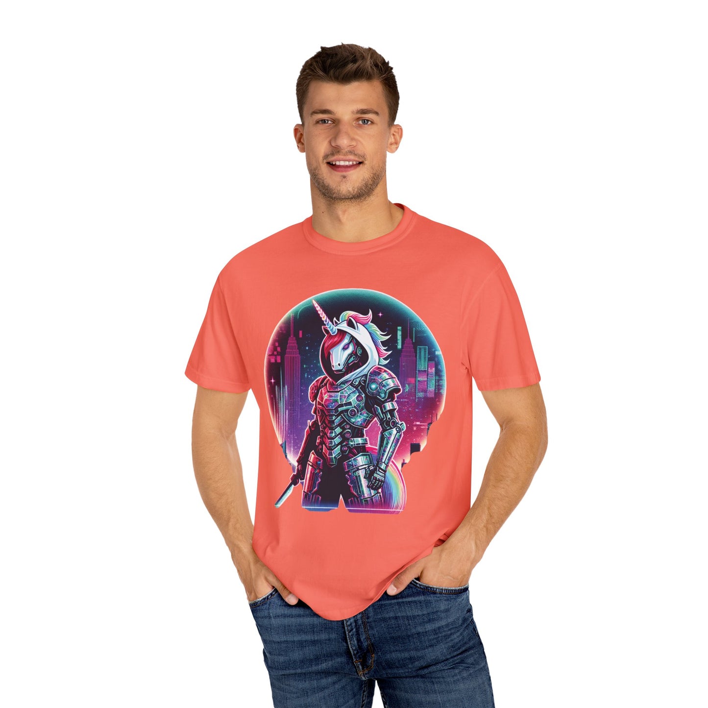 Cyber Unicorn Unisex Garment-Dyed T-Shirt | Retro Futuristic Design